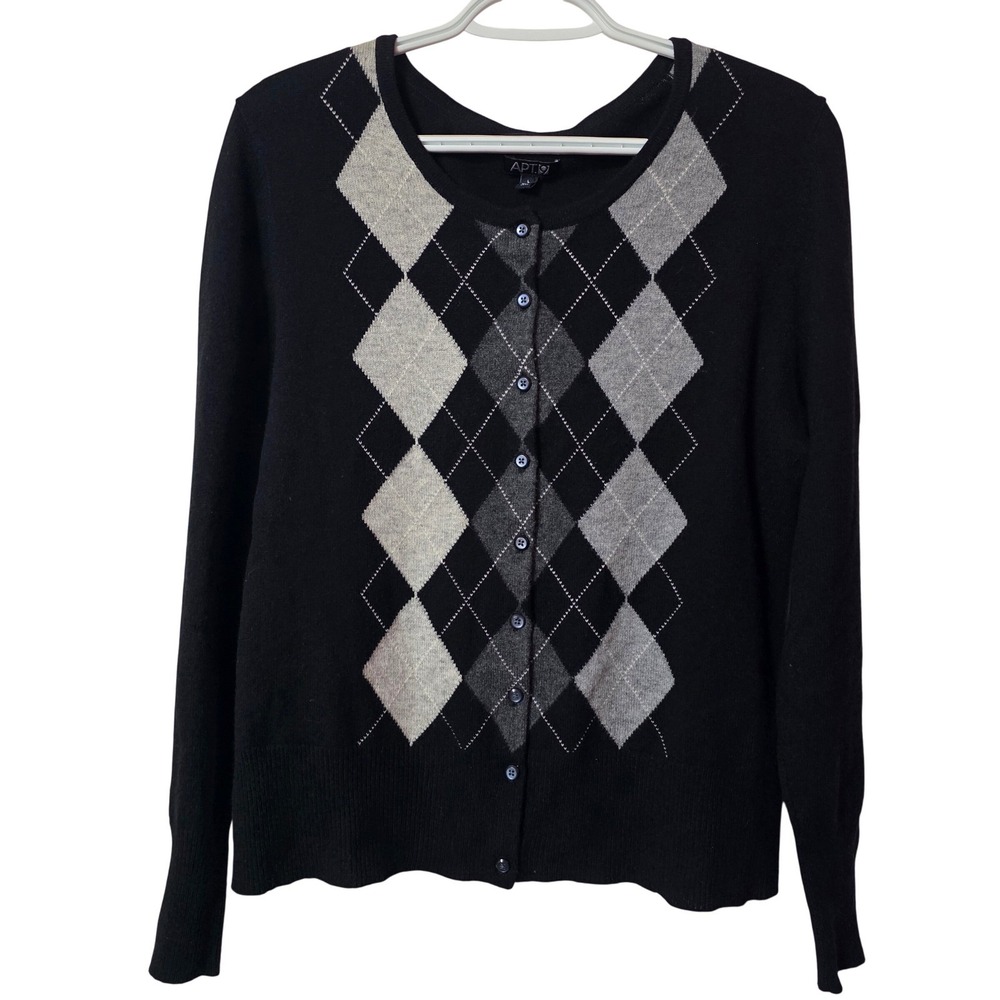 Apt. 9 Women Large Cardigan Black 100% Cashmere Argyle Button Up Sweater